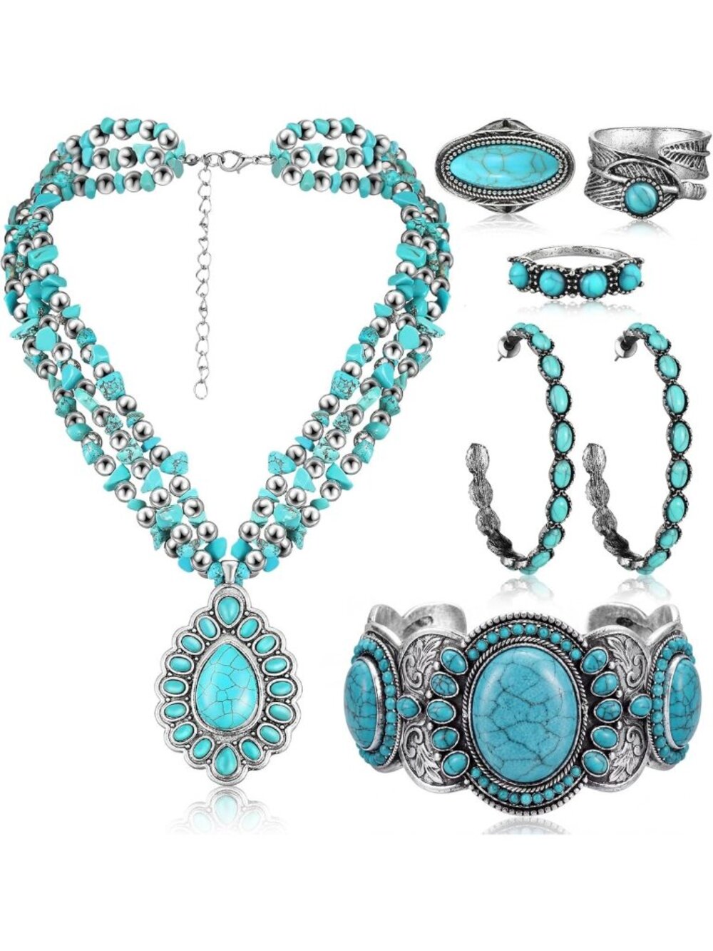 Turquoise Western Jewelry Set for Women - Boho Chic Necklace & Earrings